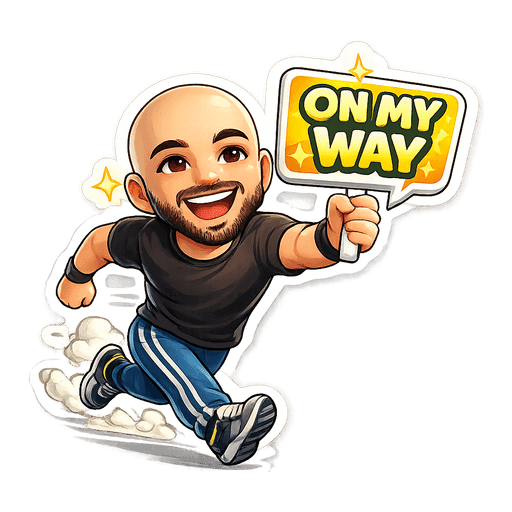 Illustrated sticker of a bald man with a beard, smiling, captioned On my way