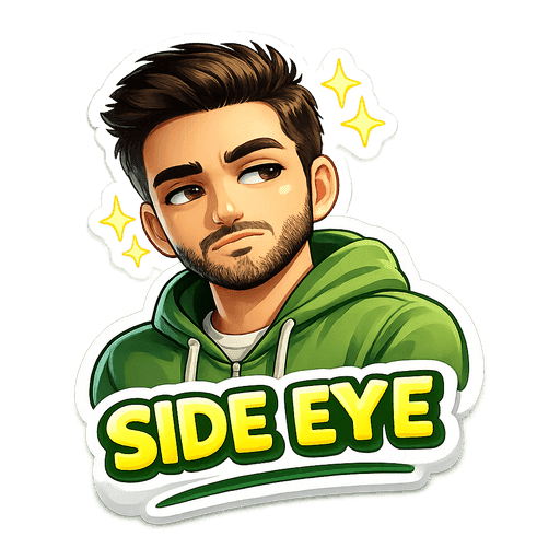 Illustrated sticker of a young man with dark hair in a green hoodie, captioned Side eye
