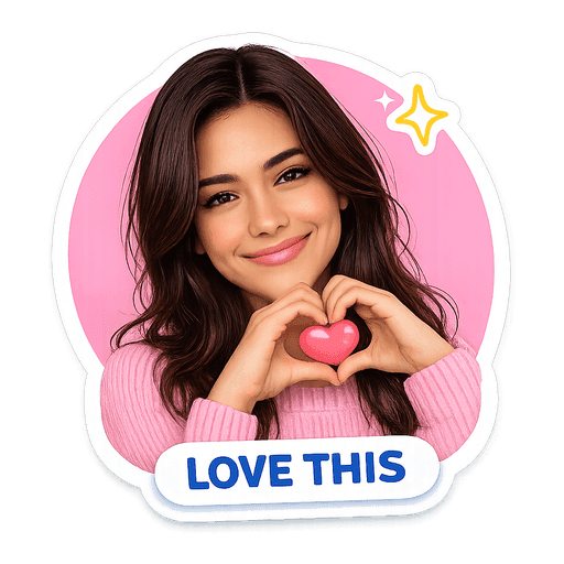 Sticker of a woman with wavy brown hair in a cream blouse, captioned Love this