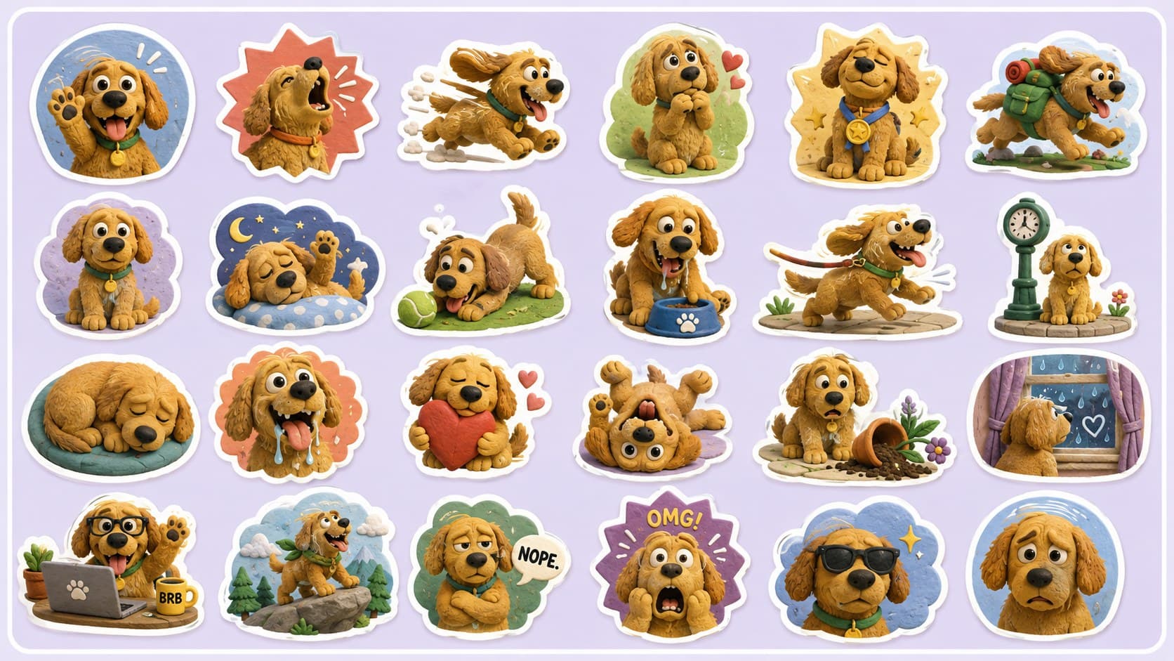 The full Rufus, Very Good Dog sticker sheet — 24 stickers