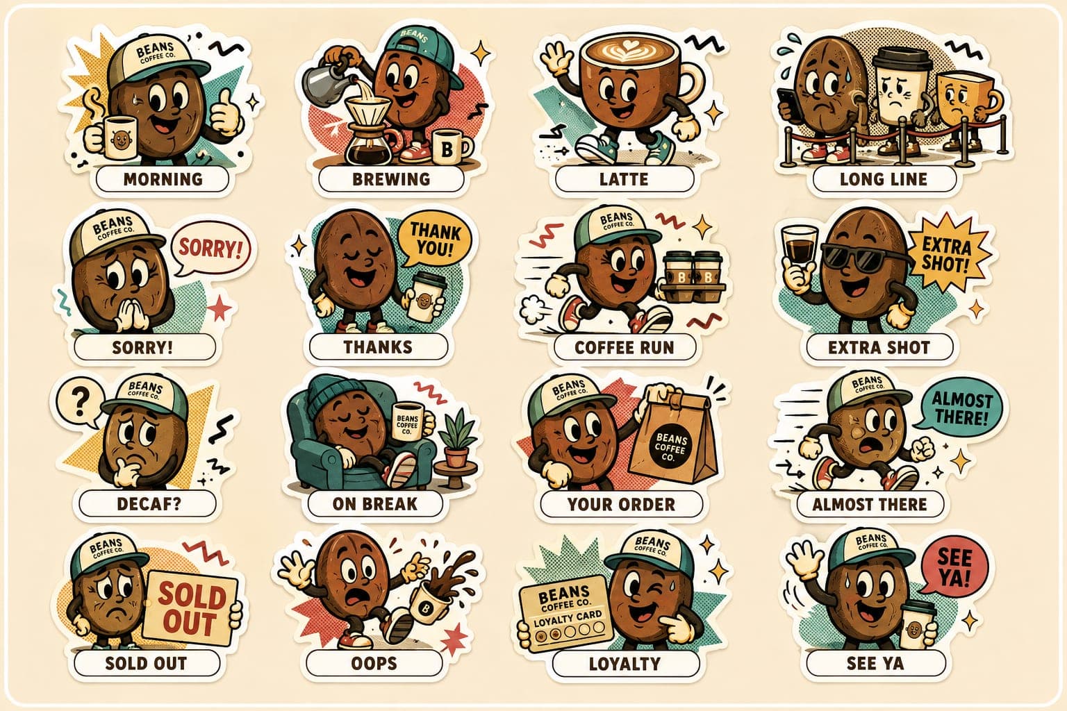 The full Beans Coffee Co. sticker sheet — 16 stickers