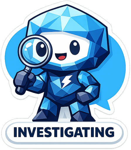 Low-poly mascot sticker, captioned Investigating