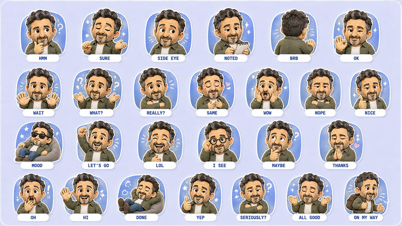 The full Deskmate Dan sticker sheet — 24 stickers