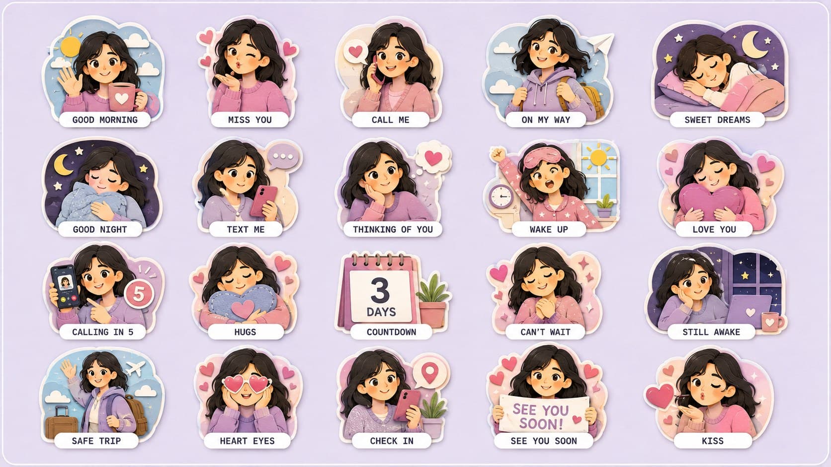 The full Long Distance sticker sheet — 20 stickers