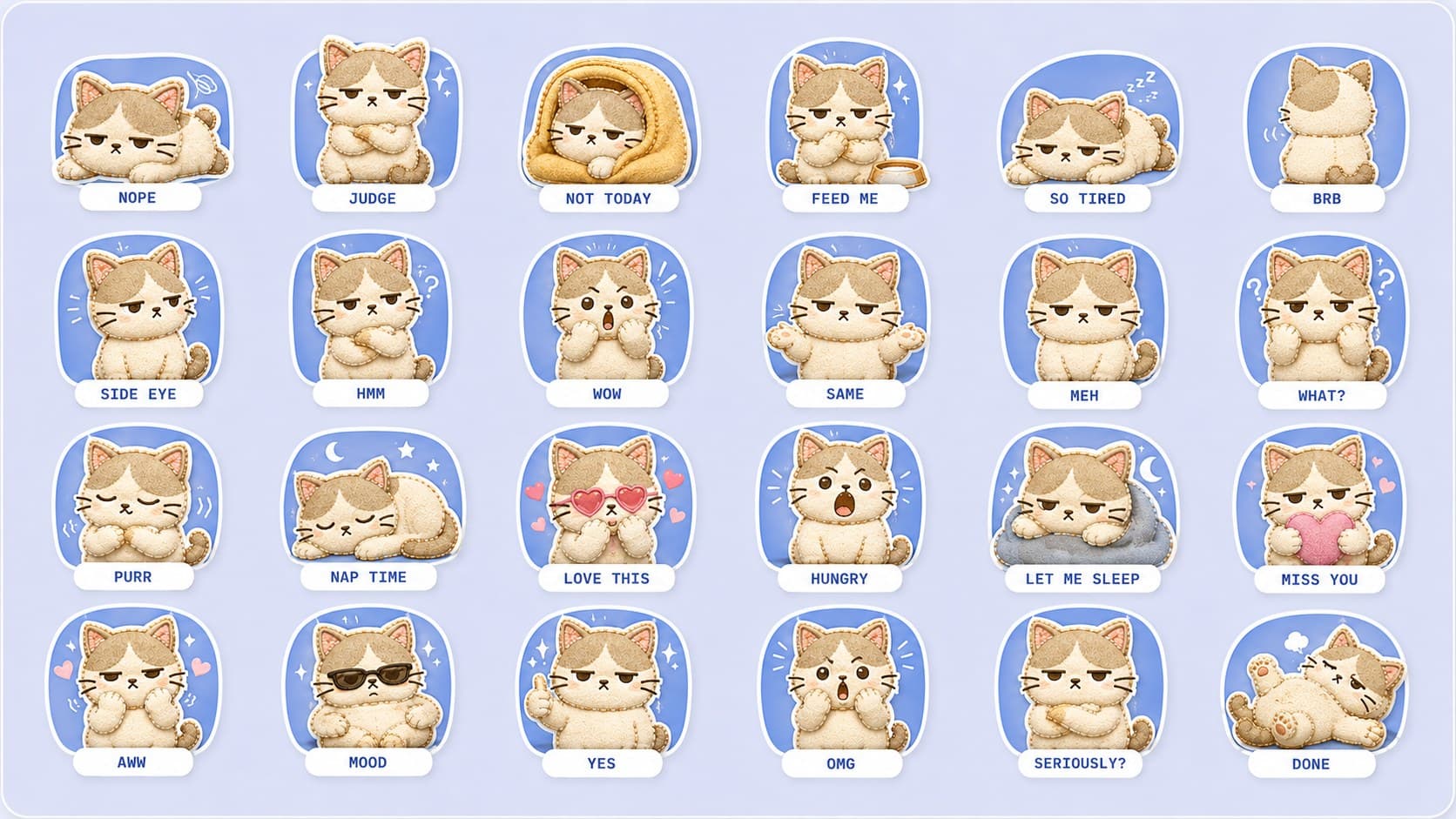 The full Mochi the Cat sticker sheet — 24 stickers