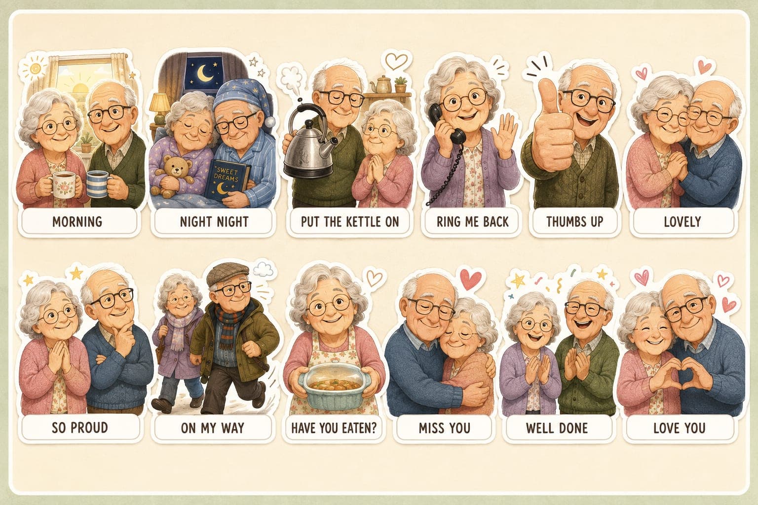 The full Nan and Grandad sticker sheet — 12 stickers